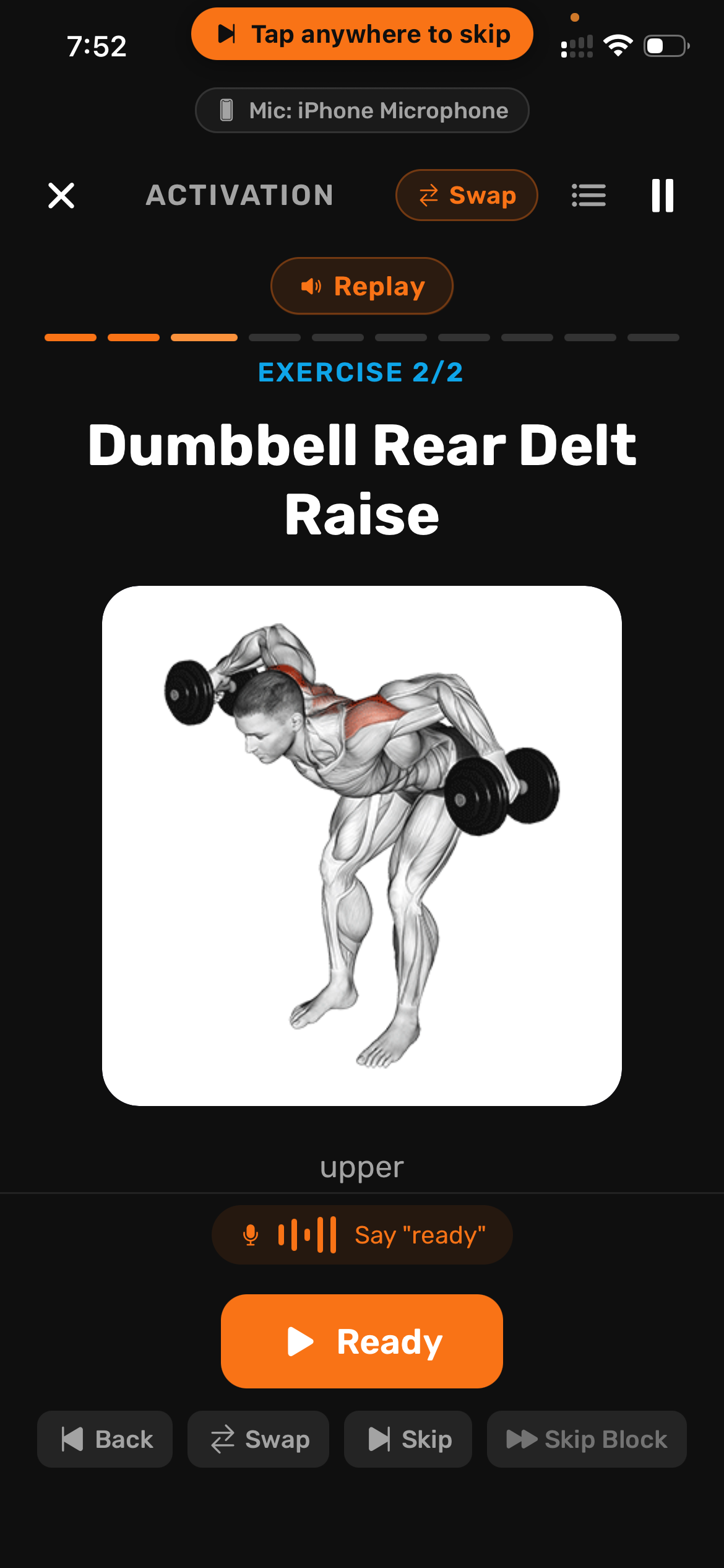 Q Coach Voice workout screen showing a dumbbell exercise demonstration and a voice prompt to say ready